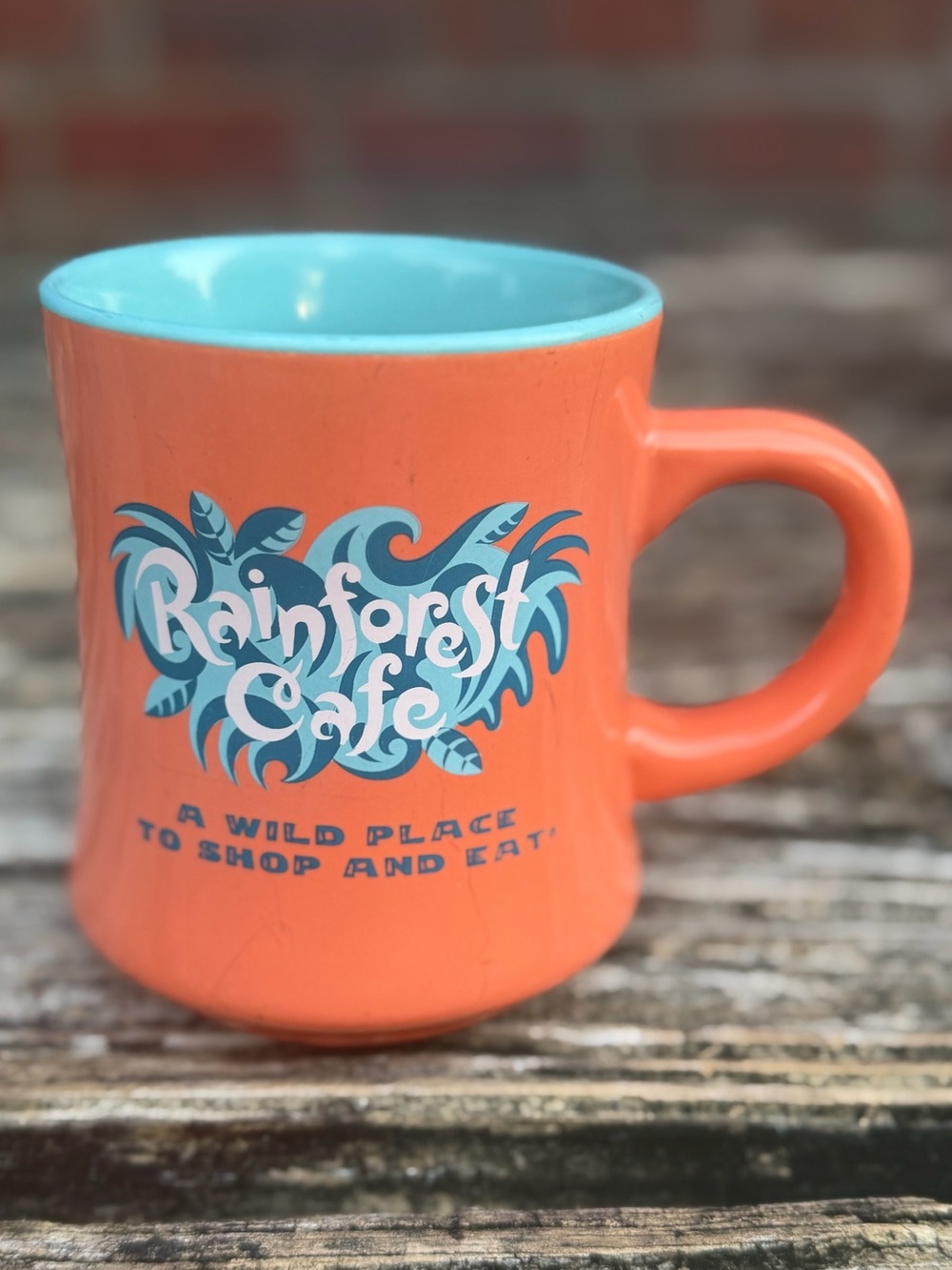 Vintage 1999 Rainforest Cafe 12 oz Peach/Blue Wild Place Logo Coffee Mug P3